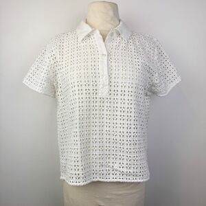 Free People Anna Cotton Eyelet Polo Shirt Medium white
